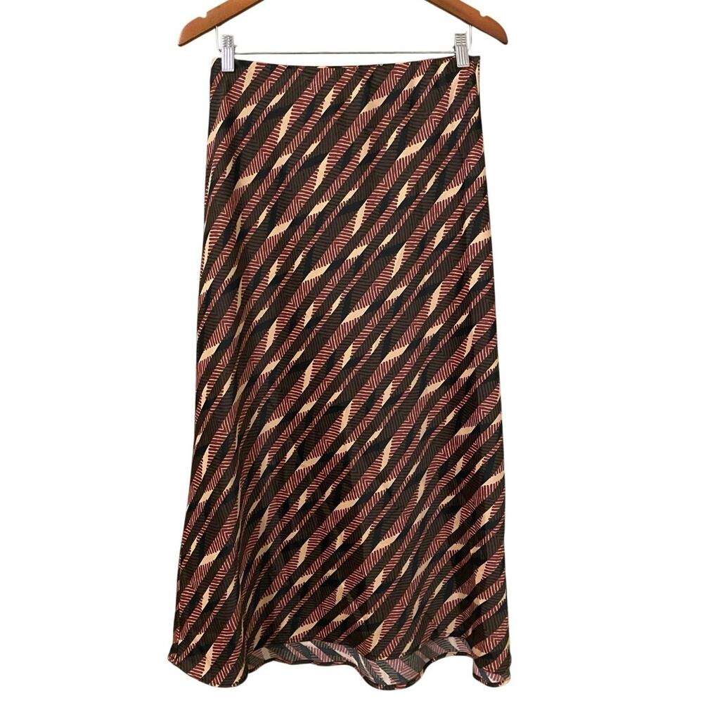 Anthropologie Satin Slip Midi Skirt Small Neutral Print Brown Red Tan y2k - Picture 6 of 10